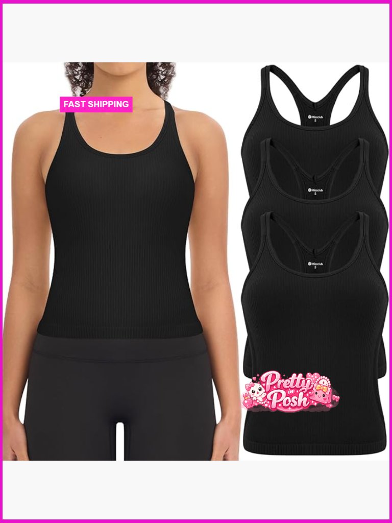 3 Pack Ribbed Workout Crop Tank Tops With Built In Bra Seamless Racerback